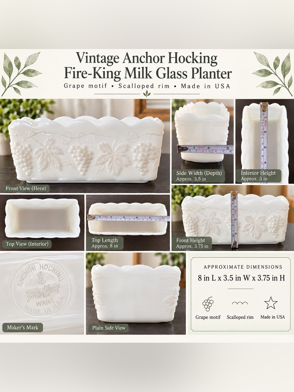 Anchor Hocking White Milk Glass Planter with Grape Motif